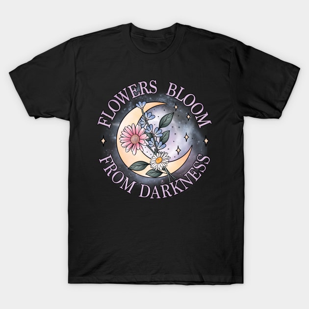 flowers bloom from darkness floral moon T-Shirt by gaynorcarradice